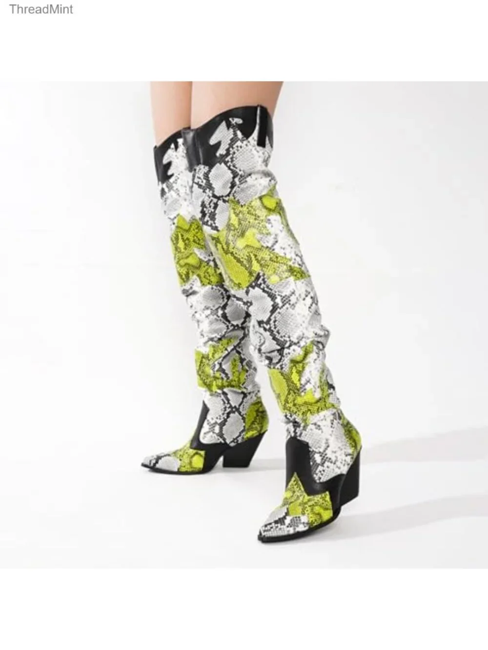 Faux Snakeskin Thigh High Cowboy Boots Chunky Heel Over Knee Western Booties